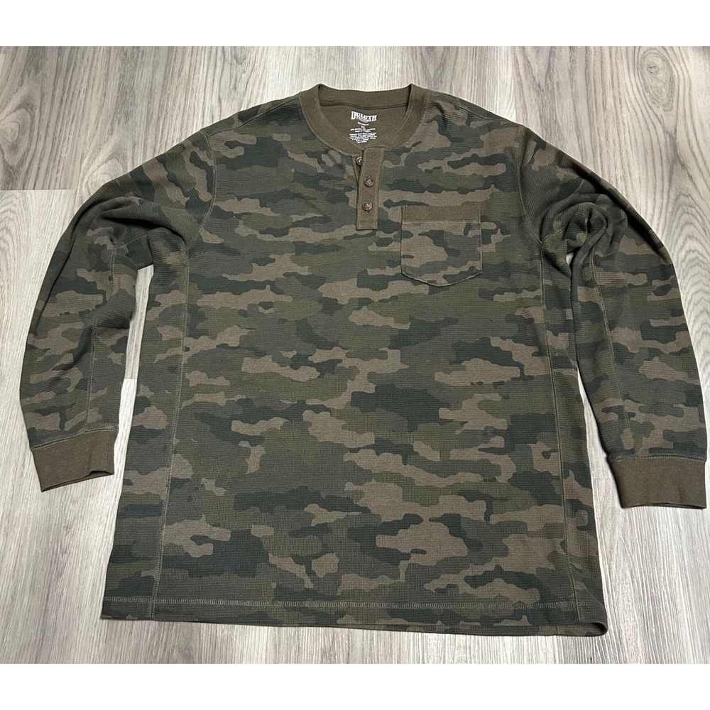 Duluth Trading Co Long Sleeve Henley Waffle Knit Thermal XL Green Camo Shirt